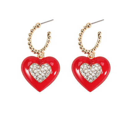 1 Pair IG Style Sweet Heart Shape Enamel Inlay Alloy Rhinestones Pearl Drop Earrings