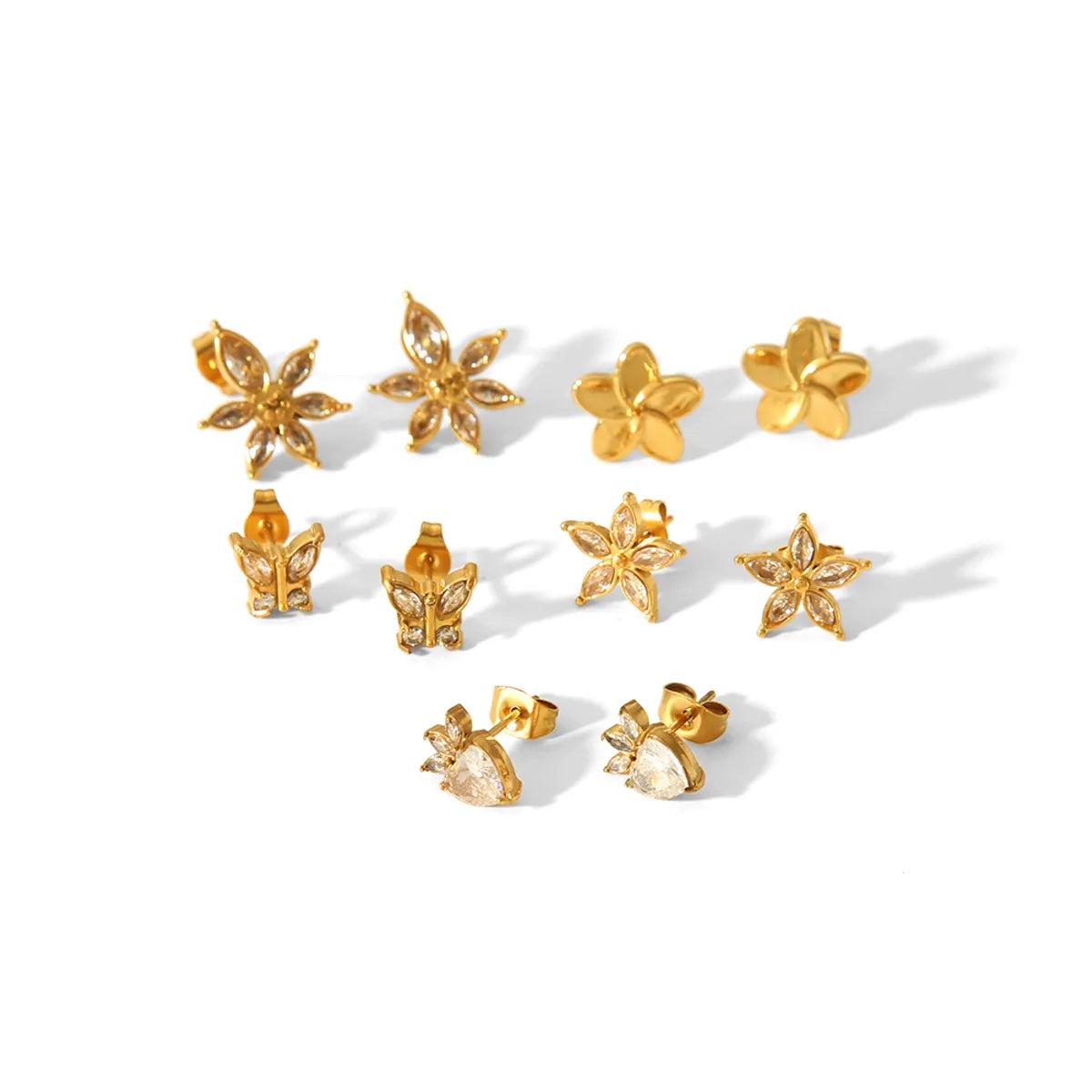 1 Pair IG Style Sweet Heart Shape Flower Butterfly Inlay 304 Stainless Steel Zircon 18K Gold Plated Ear Studs