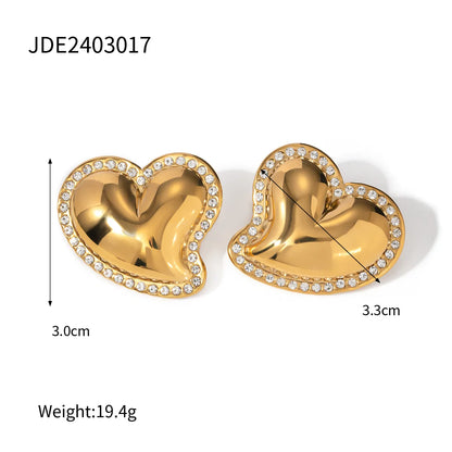 1 Pair IG Style Sweet Heart Shape Inlay 304 Stainless Steel Rhinestones 18K Gold Plated Ear Studs