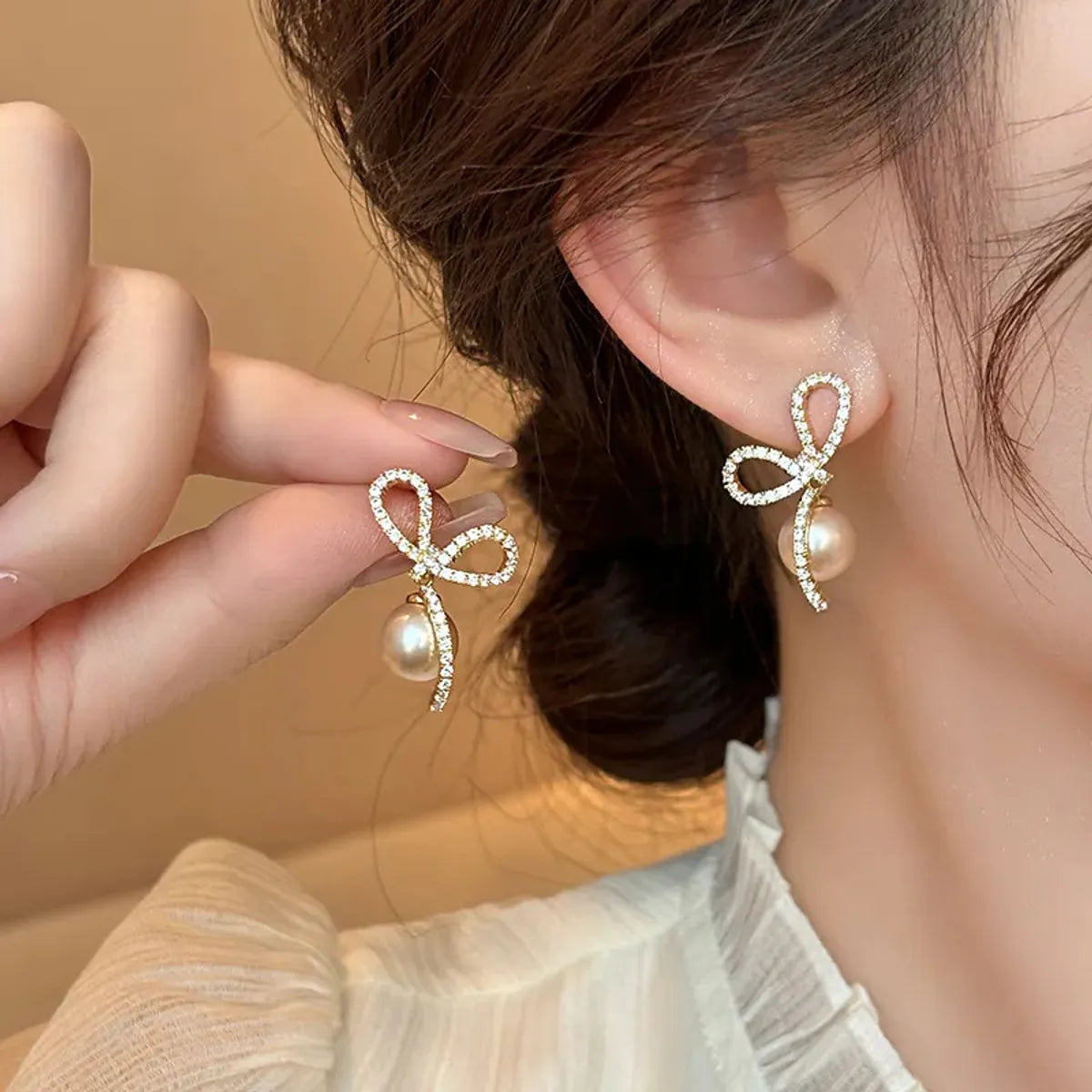 1 Pair IG Style Sweet Korean Style Bow Knot Inlay Alloy Rhinestones Drop Earrings