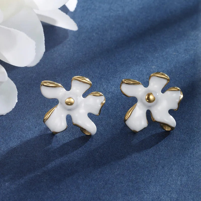 1 Pair IG Style Sweet Korean Style Flower Enamel Plating 304 Stainless Steel 14K Gold Plated Ear Studs