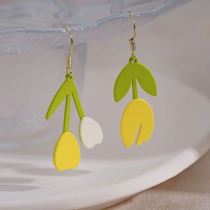 1 Pair IG Style Sweet Leaf Flower Asymmetrical Stoving Varnish Alloy Drop Earrings