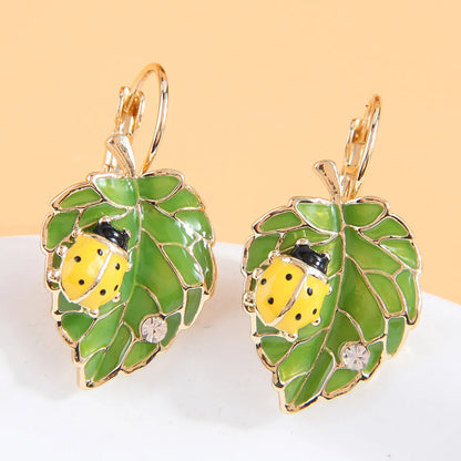 1 Pair IG Style Sweet Leaves Beetles Enamel Inlay Zinc Alloy Rhinestones Drop Earrings