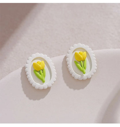 1 Pair IG Style Sweet Oval Flower Stoving Varnish Alloy Ear Studs