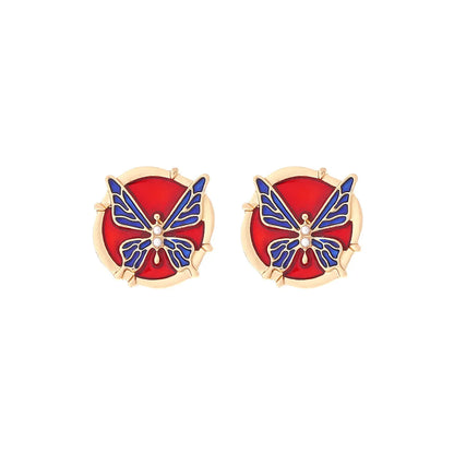 1 Pair IG Style Sweet Round Butterfly Enamel Inlay Zinc Alloy Artificial Pearls Ear Studs