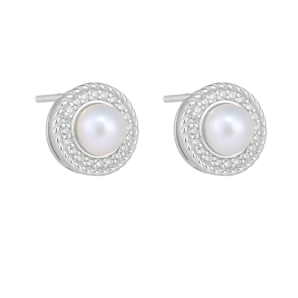 1 Pair Ig Style Sweet Round Plating Inlay Sterling Silver Pearl Zircon 14k Gold Plated Rhodium Plated Ear Studs