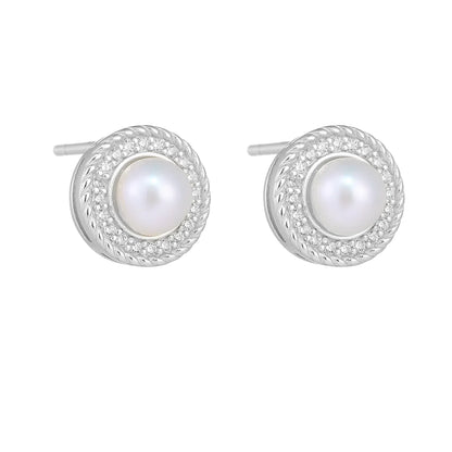 1 Pair Ig Style Sweet Round Plating Inlay Sterling Silver Pearl Zircon 14k Gold Plated Rhodium Plated Ear Studs