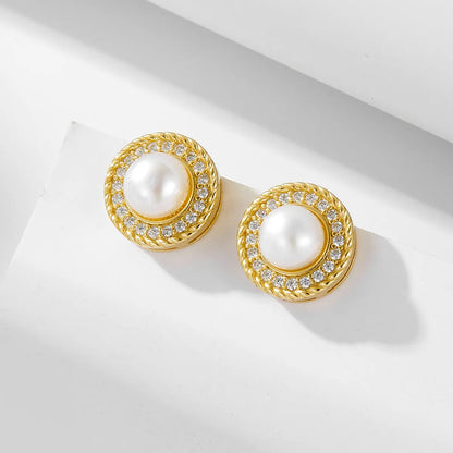 1 Pair Ig Style Sweet Round Plating Inlay Sterling Silver Pearl Zircon 14k Gold Plated Rhodium Plated Ear Studs