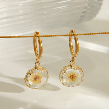 1 Pair IG Style Sweet Round Water Droplets Flower 304 Stainless Steel Copper 18K Gold Plated Drop Earrings