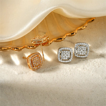 1 Pair IG Style Sweet Simple Style Square Three-Dimensional Hollow Out Inlay Copper Zircon K Gold Plated Rhodium Plated Ear Studs