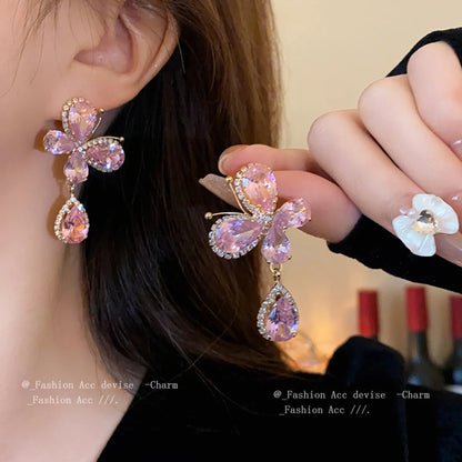 1 Pair IG Style Sweet Water Droplets Butterfly Inlay Copper Rhinestones Zircon Drop Earrings