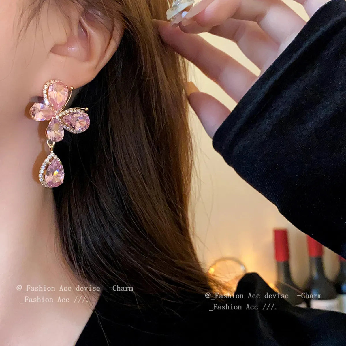 1 Pair IG Style Sweet Water Droplets Butterfly Inlay Copper Rhinestones Zircon Drop Earrings