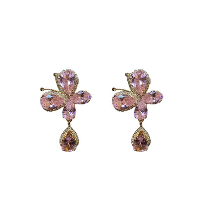 1 Pair IG Style Sweet Water Droplets Butterfly Inlay Copper Rhinestones Zircon Drop Earrings