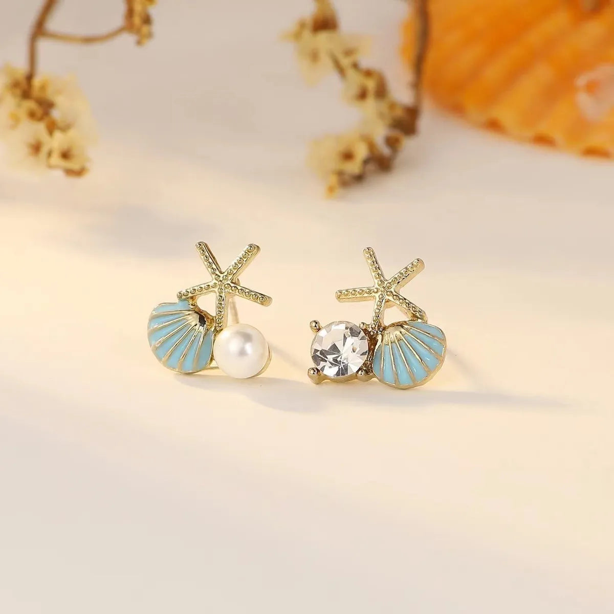 1 Pair IG Style Tropical Starfish Shell Enamel Inlay Alloy Rhinestones Pearl Ear Studs