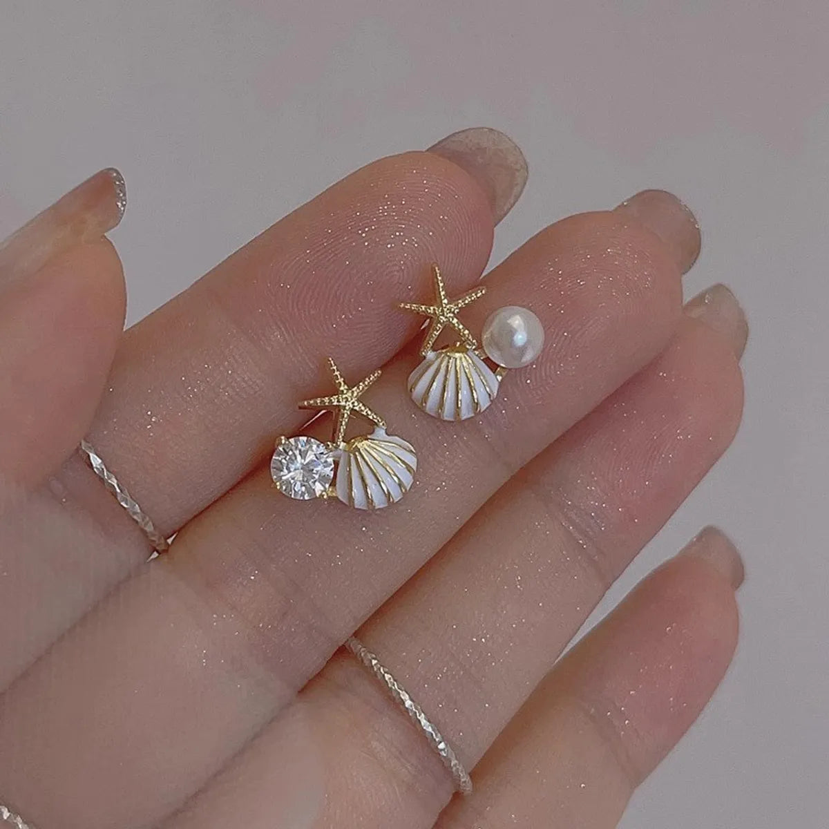 1 Pair IG Style Tropical Starfish Shell Enamel Inlay Alloy Rhinestones Pearl Ear Studs