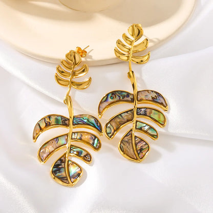 1 Pair IG Style Vacation Beach Leaves Patchwork Inlay 304 Stainless Steel Shell 18K Gold Plated Drop Earrings