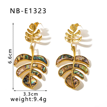 1 Pair IG Style Vacation Beach Leaves Patchwork Inlay 304 Stainless Steel Shell 18K Gold Plated Drop Earrings