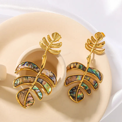 1 Pair IG Style Vacation Beach Leaves Patchwork Inlay 304 Stainless Steel Shell 18K Gold Plated Drop Earrings