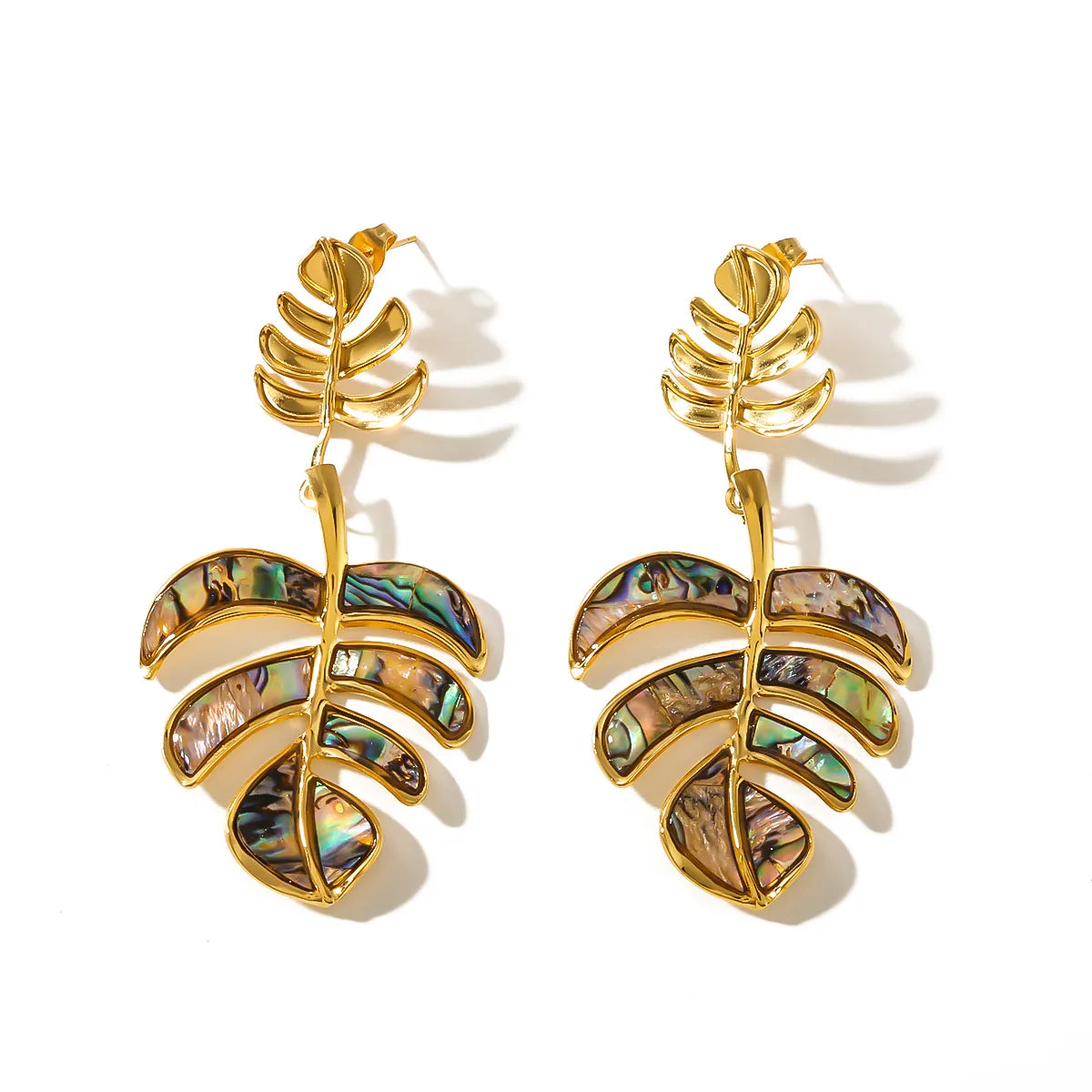 1 Pair IG Style Vacation Beach Leaves Patchwork Inlay 304 Stainless Steel Shell 18K Gold Plated Drop Earrings