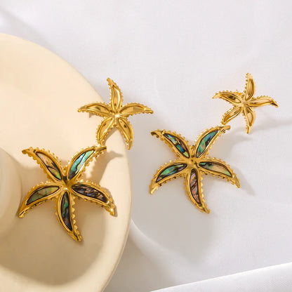 1 Pair IG Style Vacation Beach Starfish Inlay 304 Stainless Steel Shell 18K Gold Plated Drop Earrings