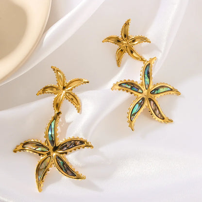 1 Pair IG Style Vacation Beach Starfish Inlay 304 Stainless Steel Shell 18K Gold Plated Drop Earrings