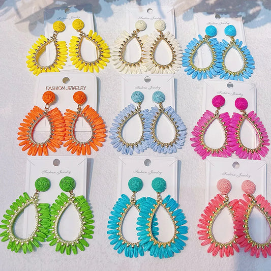 1 Pair IG Style Vacation Bohemian Water Droplets Alloy Raffia Drop Earrings