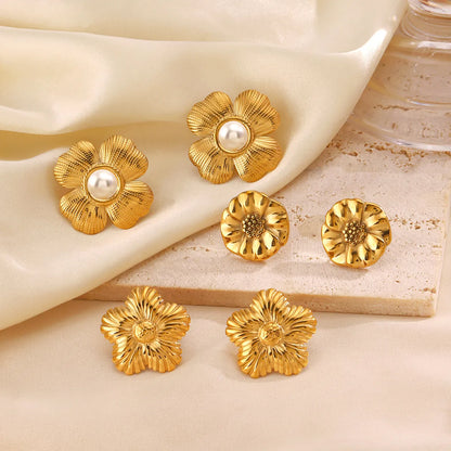 1 Pair IG Style Vintage Style Flower Inlay 304 Stainless Steel Artificial Pearls 18K Gold Plated Ear Studs