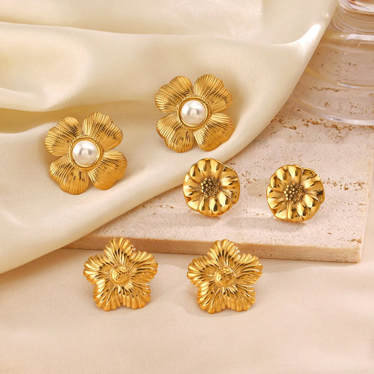 1 Pair IG Style Vintage Style Flower Inlay 304 Stainless Steel Artificial Pearls 18K Gold Plated Ear Studs