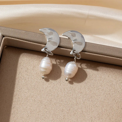 1 Pair Ig Style Vintage Style Korean Style Moon Pearl Stainless Steel Drop Earrings