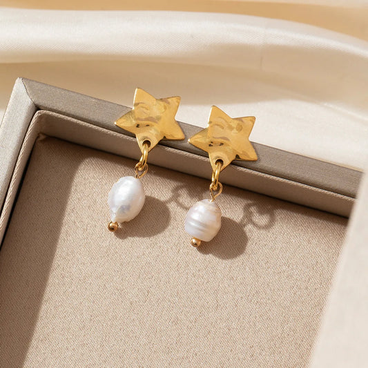 1 Pair IG Style Vintage Style Korean Style Star Pearl 304 Stainless Steel Pearl Gold Plated Drop Earrings