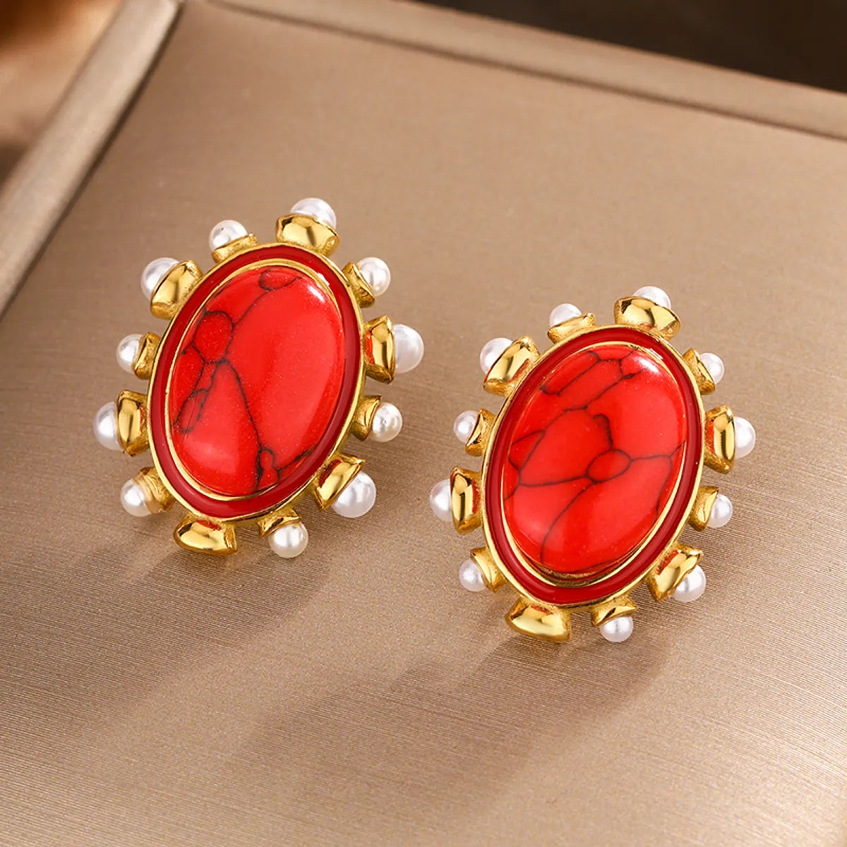 1 Pair IG Style Vintage Style Oval Enamel Plating Inlay 304 Stainless Steel Artificial Pearls Turquoise 18K Gold Plated Ear Studs