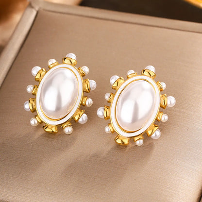 1 Pair IG Style Vintage Style Oval Enamel Plating Inlay 304 Stainless Steel Artificial Pearls Turquoise 18K Gold Plated Ear Studs