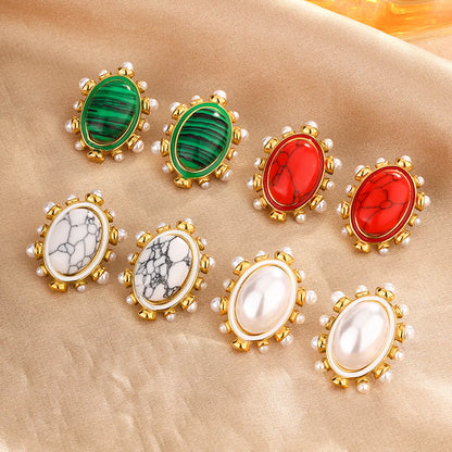 1 Pair IG Style Vintage Style Oval Enamel Plating Inlay 304 Stainless Steel Artificial Pearls Turquoise 18K Gold Plated Ear Studs