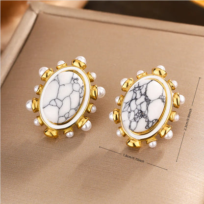 1 Pair IG Style Vintage Style Oval Enamel Plating Inlay 304 Stainless Steel Artificial Pearls Turquoise 18K Gold Plated Ear Studs