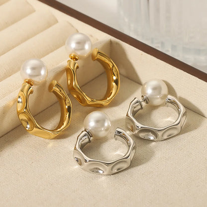 1 Pair Ig Style Vintage Style Simple Style C Shape Plating Inlay Stainless Steel Artificial Pearls 18k Gold Plated White Gold Plated Gold Plated Ear Studs