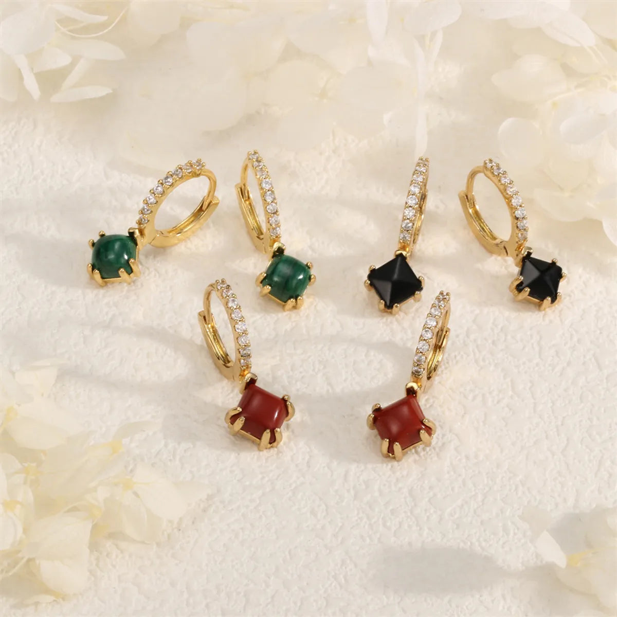 1 Pair IG Style Vintage Style Square Inlay Copper Malachite Zircon 18K Gold Plated Drop Earrings