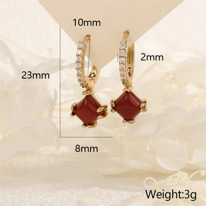 1 Pair IG Style Vintage Style Square Inlay Copper Malachite Zircon 18K Gold Plated Drop Earrings