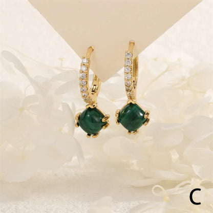 1 Pair IG Style Vintage Style Square Inlay Copper Malachite Zircon 18K Gold Plated Drop Earrings