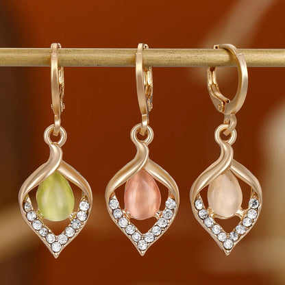 1 Pair Ig Style Water Droplets Plating Hollow Out Inlay Alloy Rhinestones Opal Drop Earrings