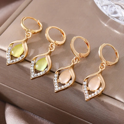 1 Pair Ig Style Water Droplets Plating Hollow Out Inlay Alloy Rhinestones Opal Drop Earrings