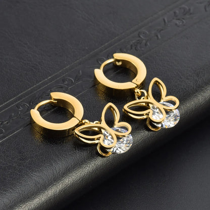 1 Pair INS Style Butterfly Inlay Stainless Steel Zircon 18K Gold Plated Drop Earrings