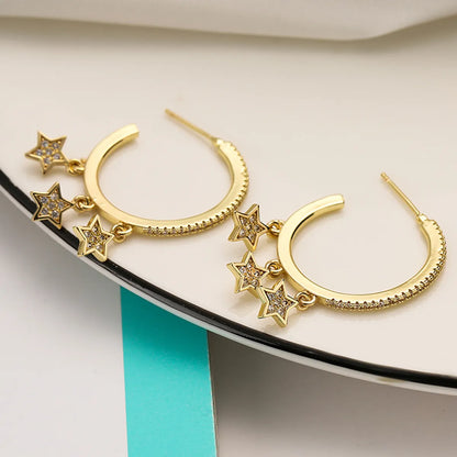 1 Pair Ins Style C Shape Star Heart Shape Inlay Copper Zircon 18k Gold Plated Drop Earrings