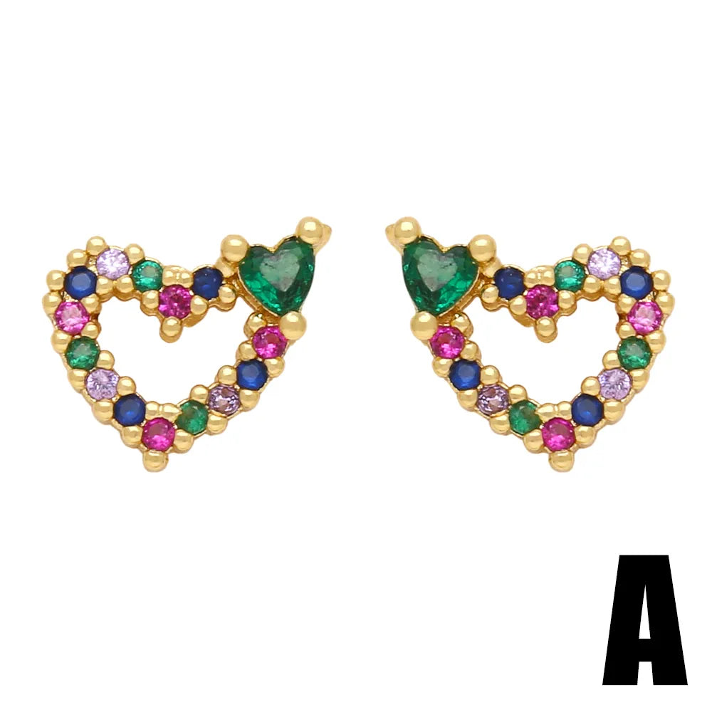 1 Pair Glam Heart Shape Bird Inlay Copper Color Zircon Ear Studs