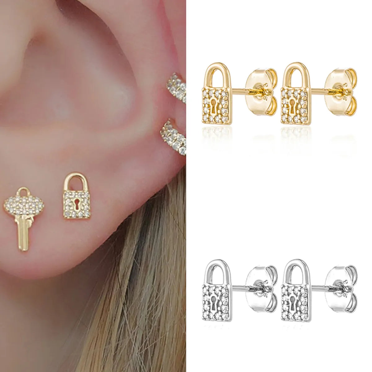 1 Pair Ins Style Lock Copper Inlay Zircon Ear Studs