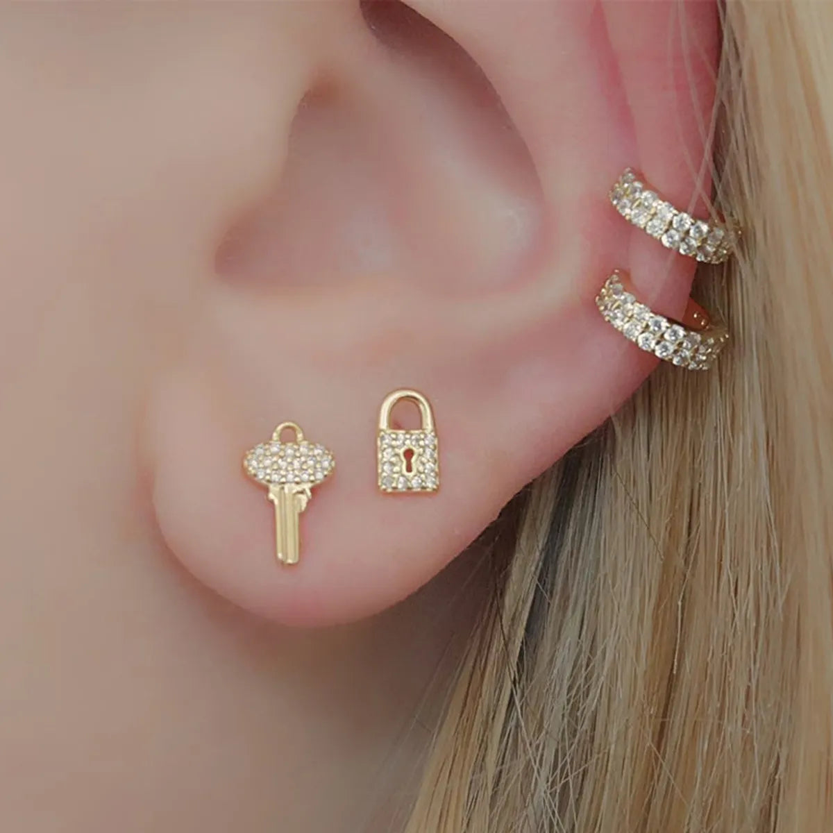 1 Pair Ins Style Lock Copper Inlay Zircon Ear Studs