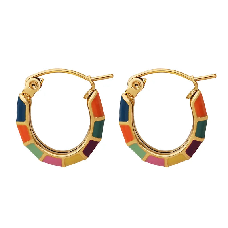 1 Pair INS Style Round Enamel Plating 304 Stainless Steel 18K Gold Plated Hoop Earrings