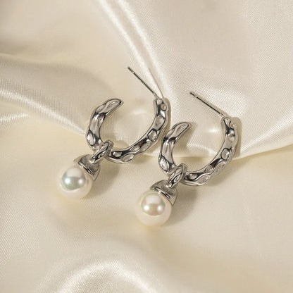 1 Pair INS Style Simple Style C Shape Irregular Plating Inlay 316 Stainless Steel  Pearl Drop Earrings