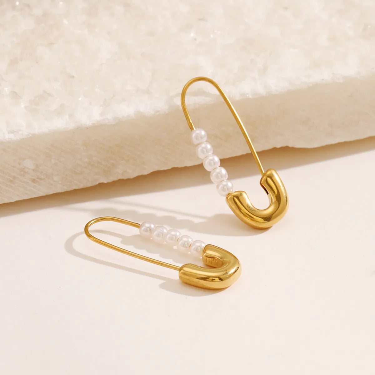 1 Pair Simple Style Paper Clip Pearl Plating Stainless Steel 18k Gold Plated Earrings