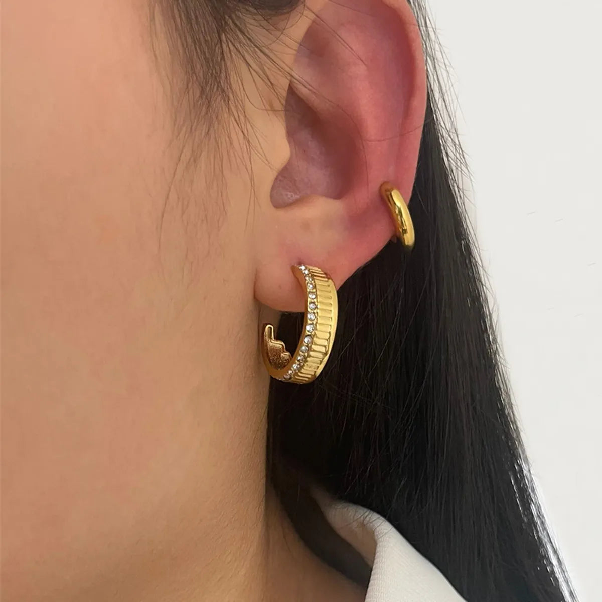 1 Pair Japanese Style C Shape Star Inlay 304 Stainless Steel Rhinestones 18K Gold Plated Ear Studs