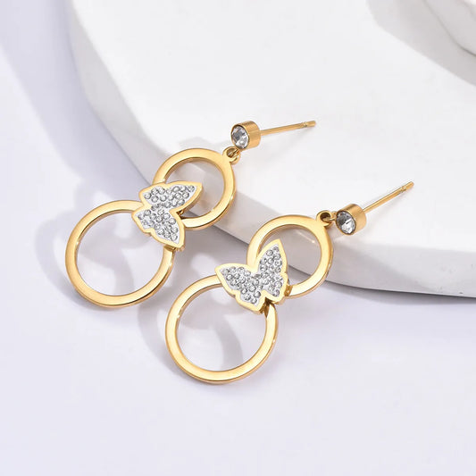 1 Pair Korean Style Butterfly Stainless Steel Plating Inlay Rhinestones 14k Gold Plated Drop Earrings